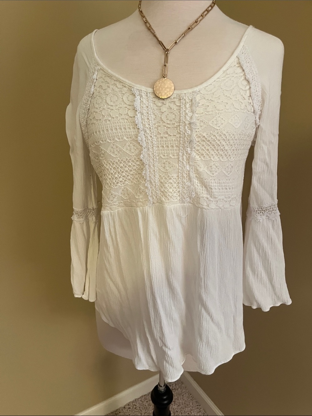 Boho Lace-Front White Peasant Blouse